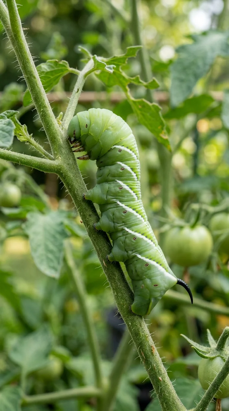 Tomato hornworm on tomato plant stem