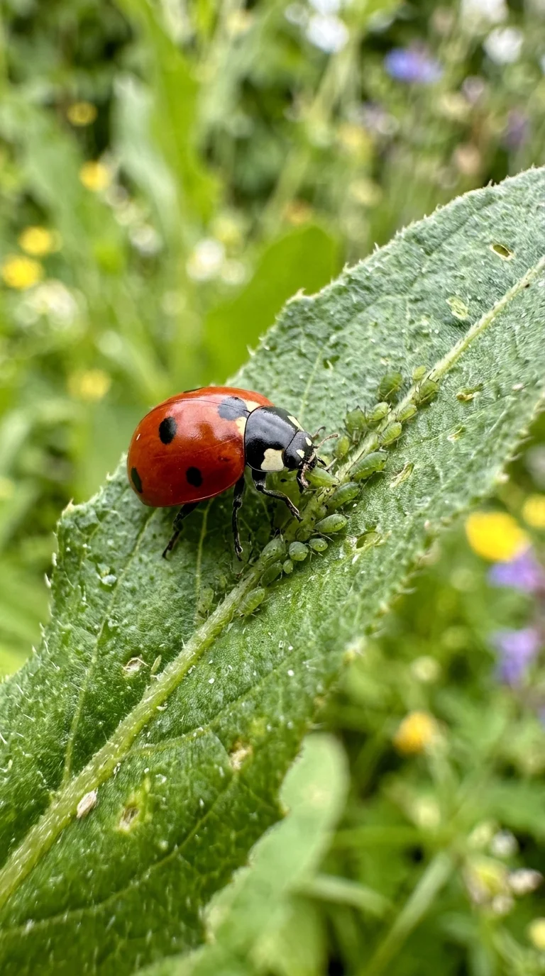Ladybug eating aphids on plant leaf