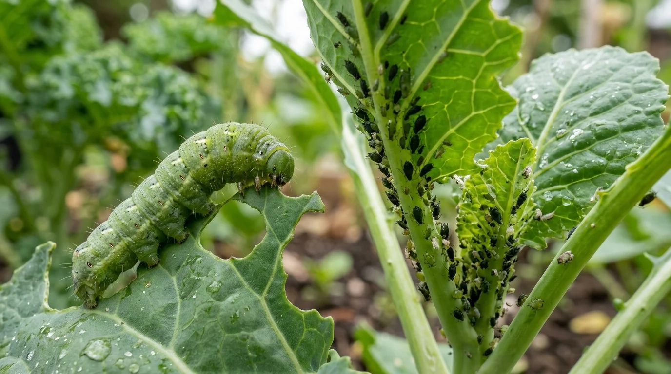 A close-up of common garden pests including aphids, caterpillars, and beetles on vegetable leaves