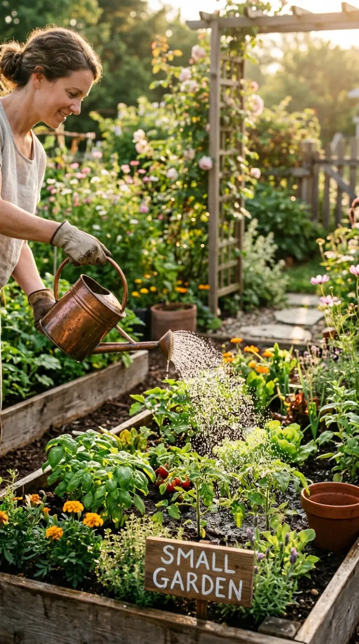 A helpful step-by-step care and watering illustration for “Small garden”
