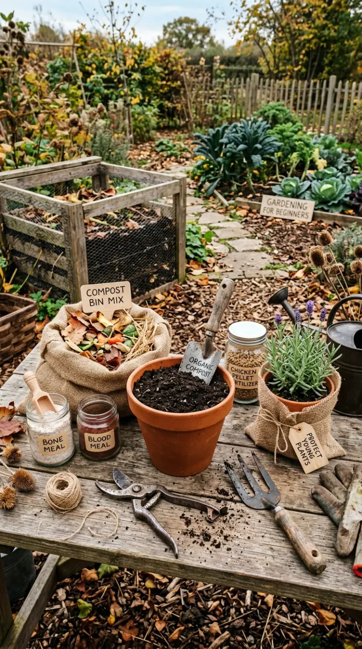 A highly detailed vertical photograph illustrating organic fertilizers, composting, or winter plant protection for “Gardening for beginners”