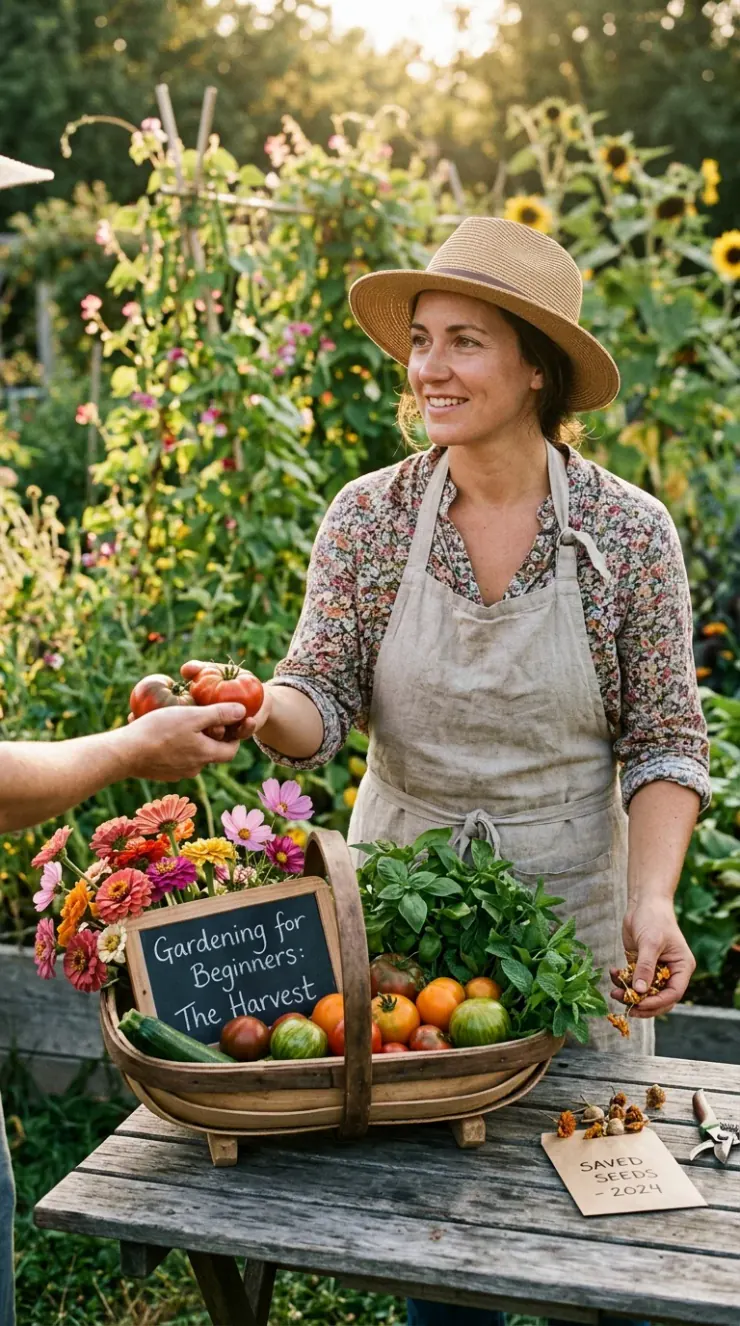A warm, artistic vertical photograph showing the rewards of gardening: vibrant blossoms, seed collection, or a neighborly garden harvest of “Gardening for beginners”