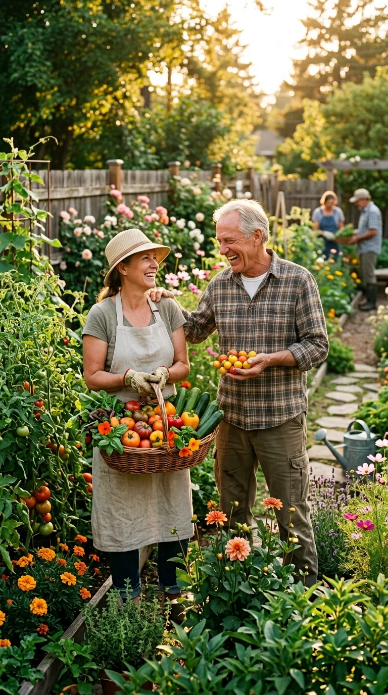 A warm, artistic vertical photograph showing the rewards of gardening: vibrant blossoms, seed collection, or a neighborly garden harvest of “How to get rid of aphids”
