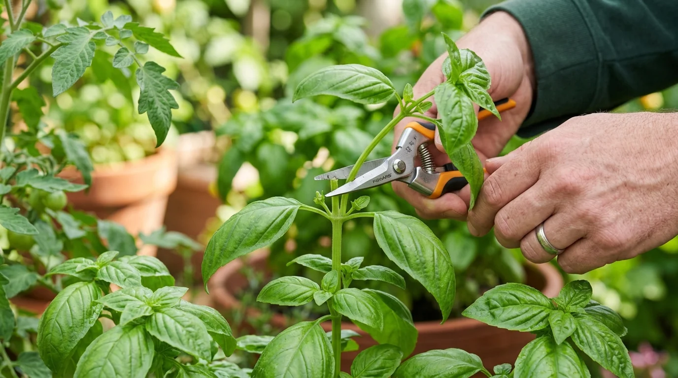 A close-up showing the ideal time to harvest basil leaves in the morning with essential oils visible