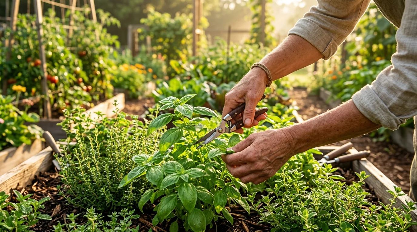 A fresh herb garden in morning light showing a variety of herbs ready for harvesting
