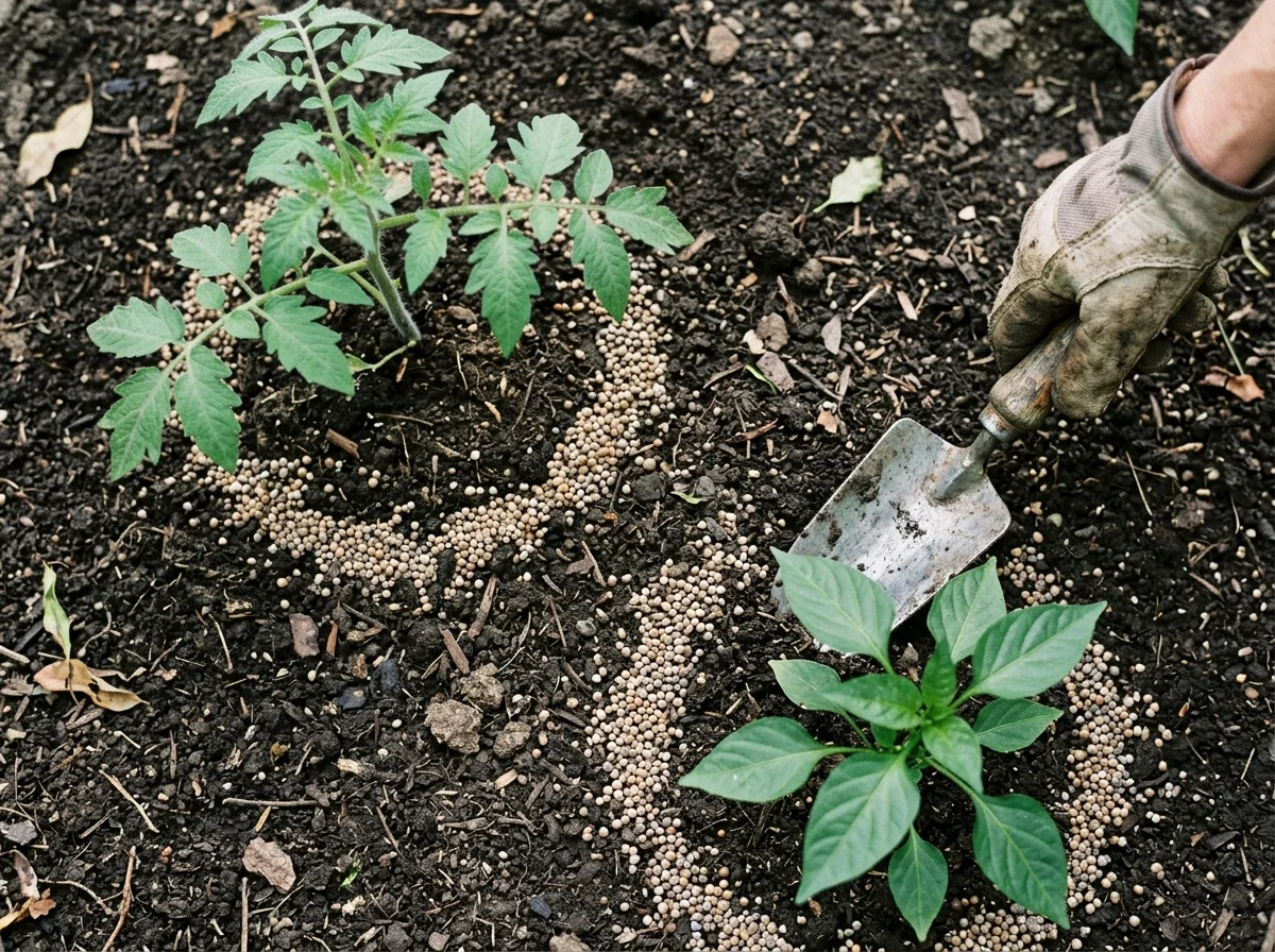 Fertilizer side-dressed around tomato and pepper plants