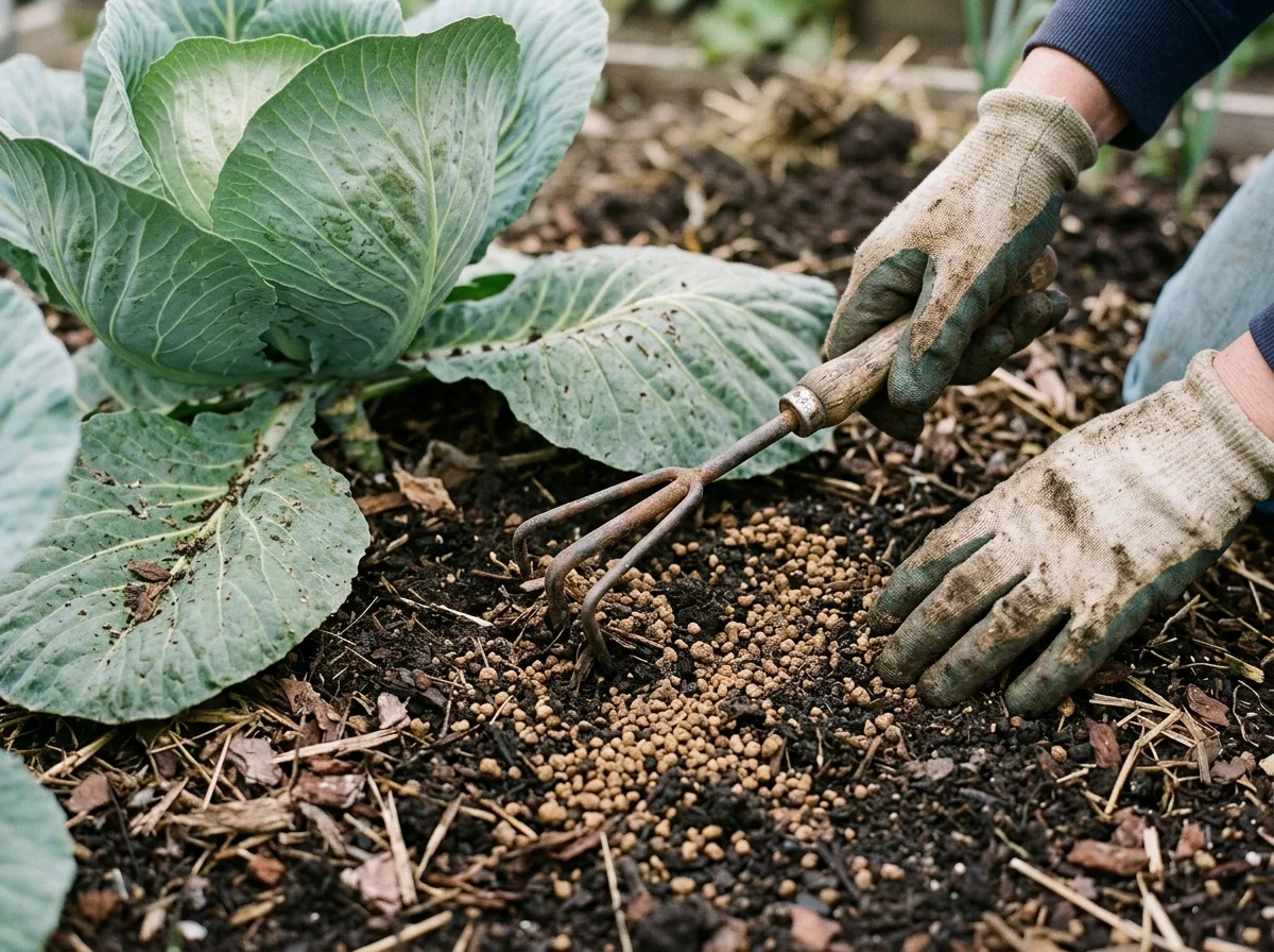 Side-dressing around a cabbage plant