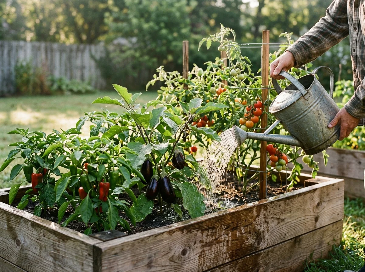 Watering a raised bed of peppers, eggplants and tomatoes