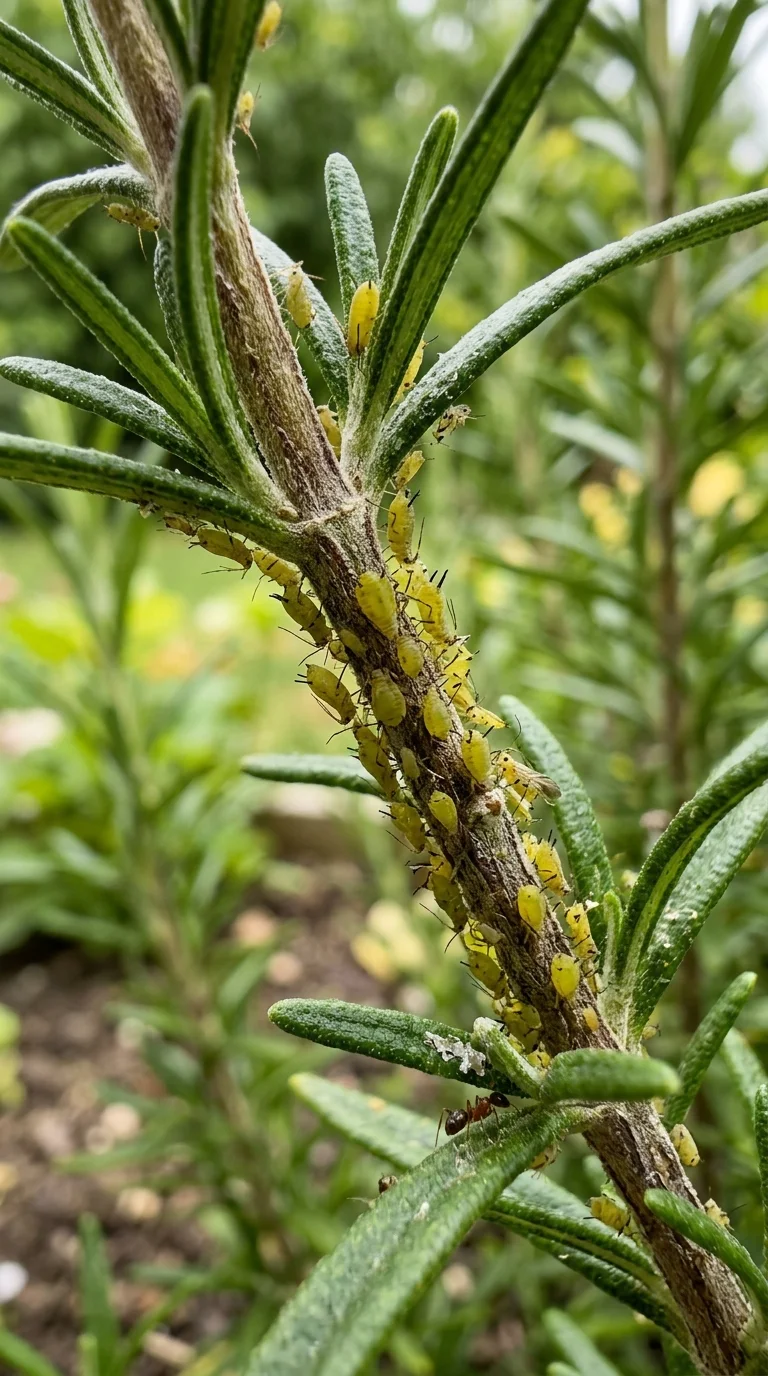 A detailed close-up of aphids clustered on the underside of a basil leaf with natural pest control spray visible