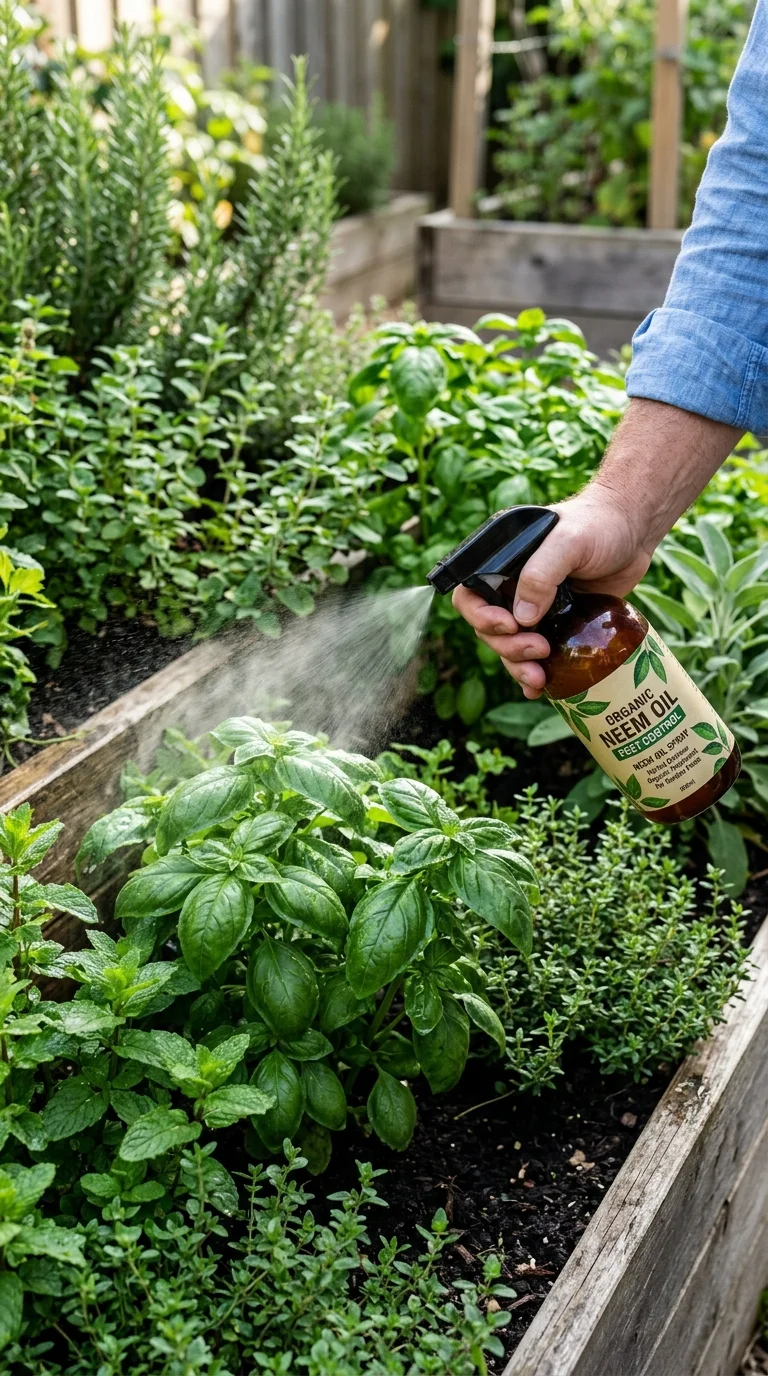 A hand-picking technique demonstration for removing caterpillars from herb plants in an organic garden