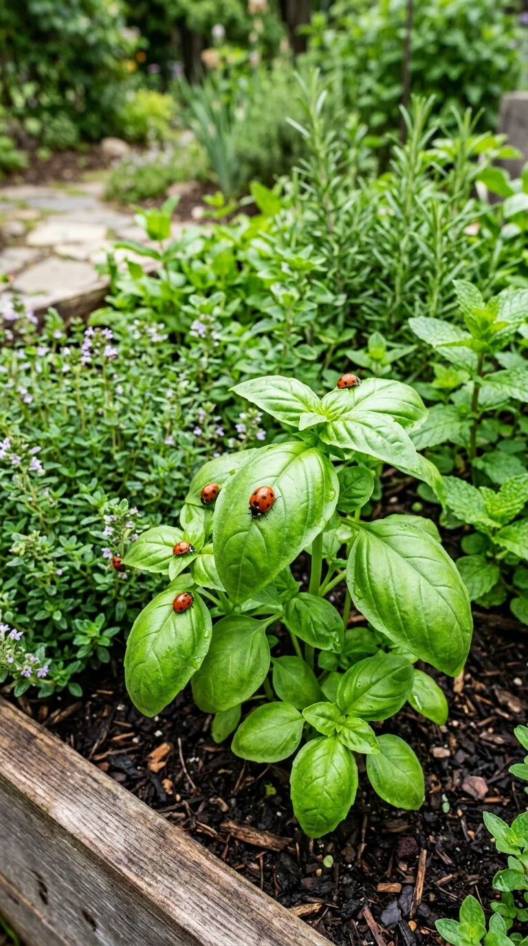 A companion planting layout showing herbs, marigolds, and nasturtiums working together as natural pest deterrents