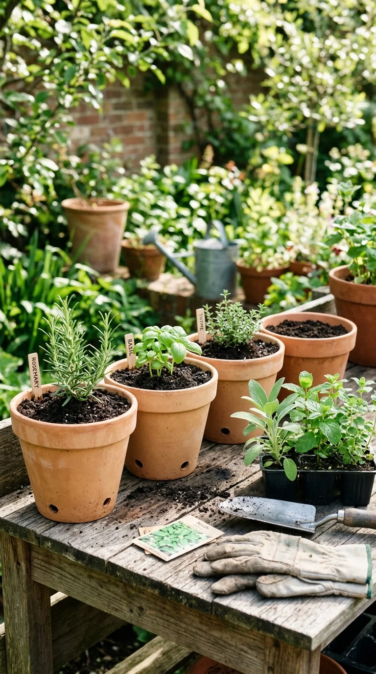 An organized herb garden tool station with hanging tools and labeled pots