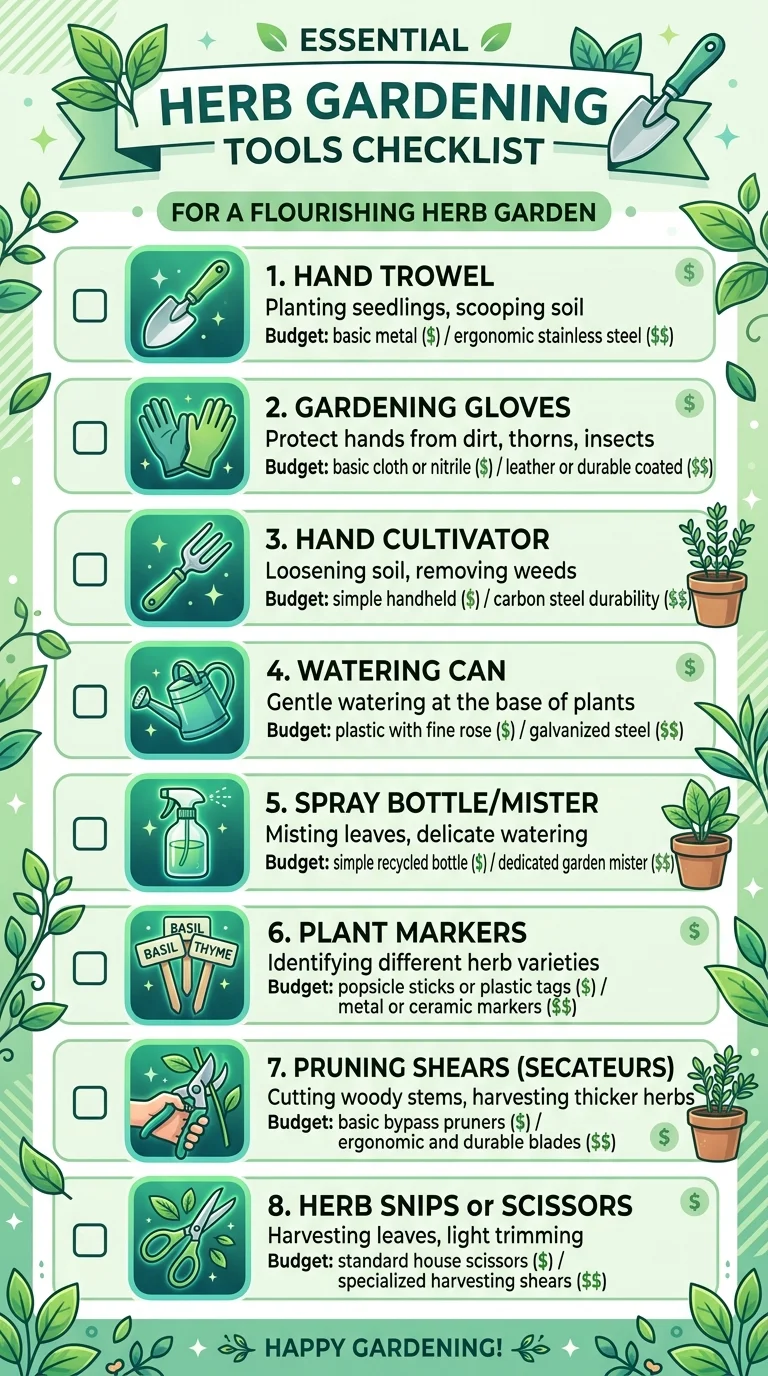 Pinterest shareable image for essential herb gardening tools checklist