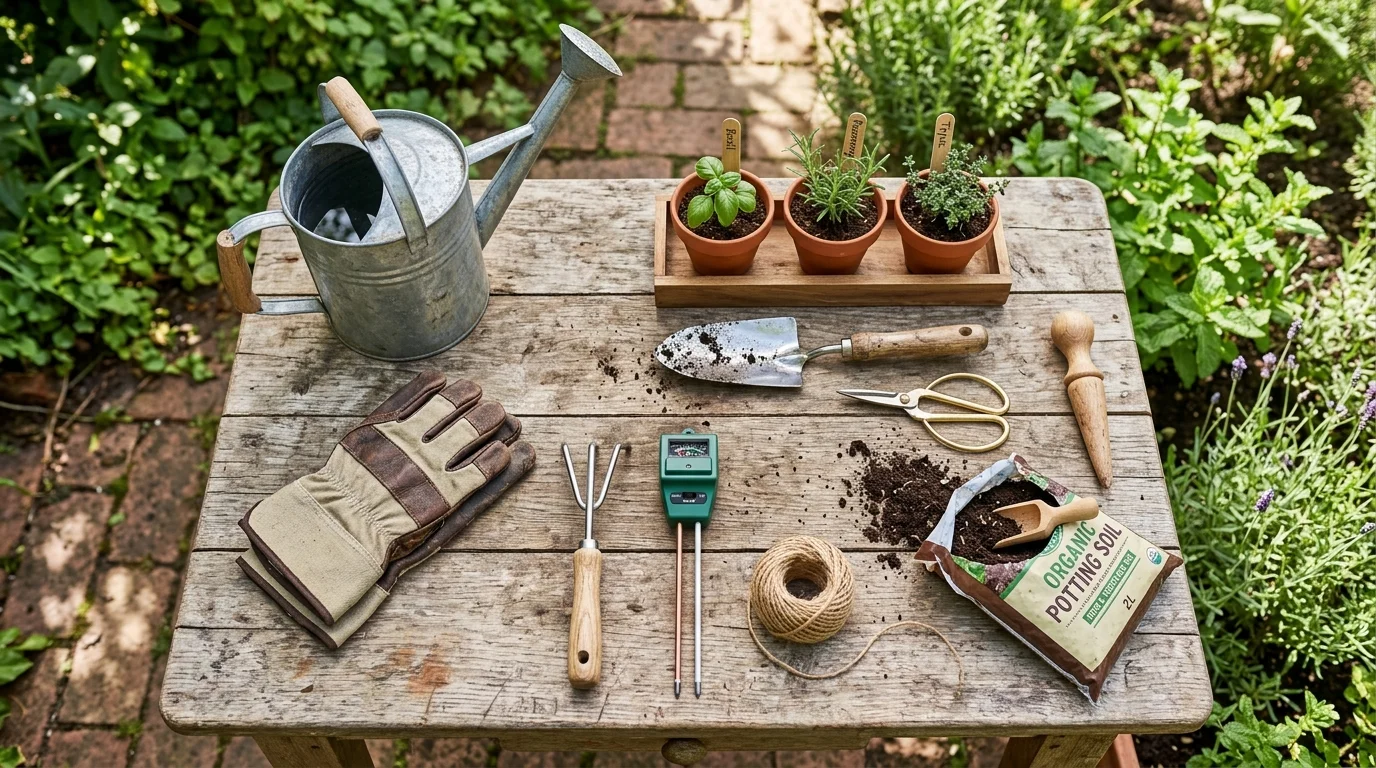A well-organized collection of essential herb gardening tools laid out on a wooden workbench