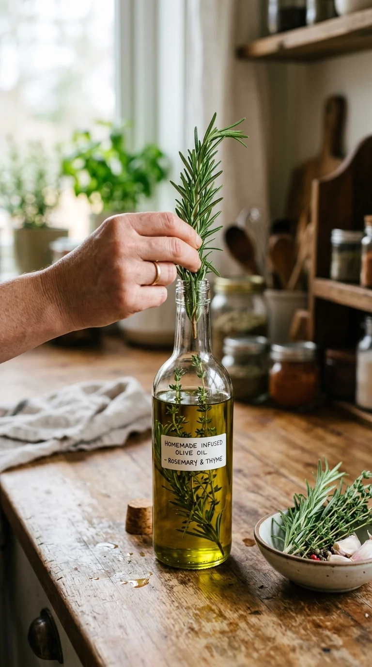 A step-by-step visual guide showing the process of making herb infused oils and vinegars at home
