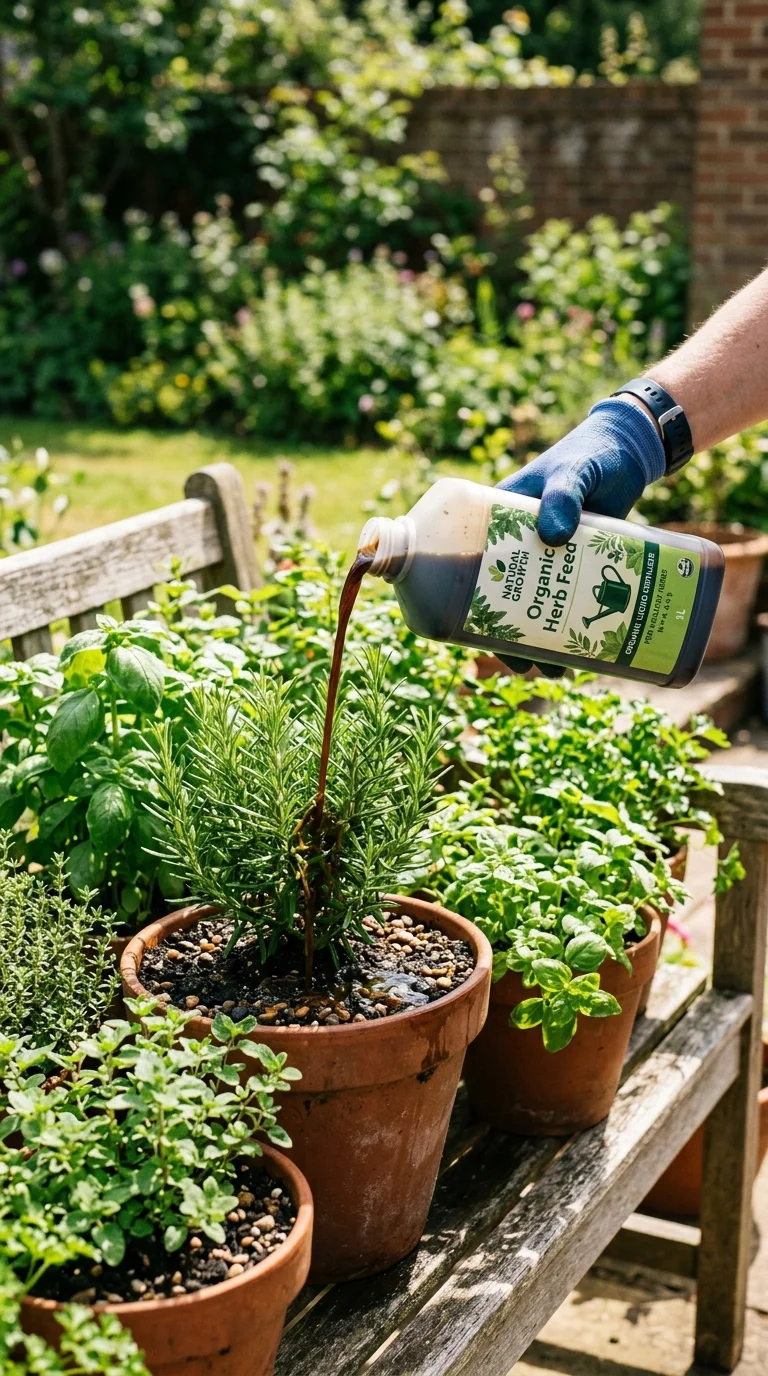 A collection of kitchen herbs growing in terracotta pots with visible healthy root systems