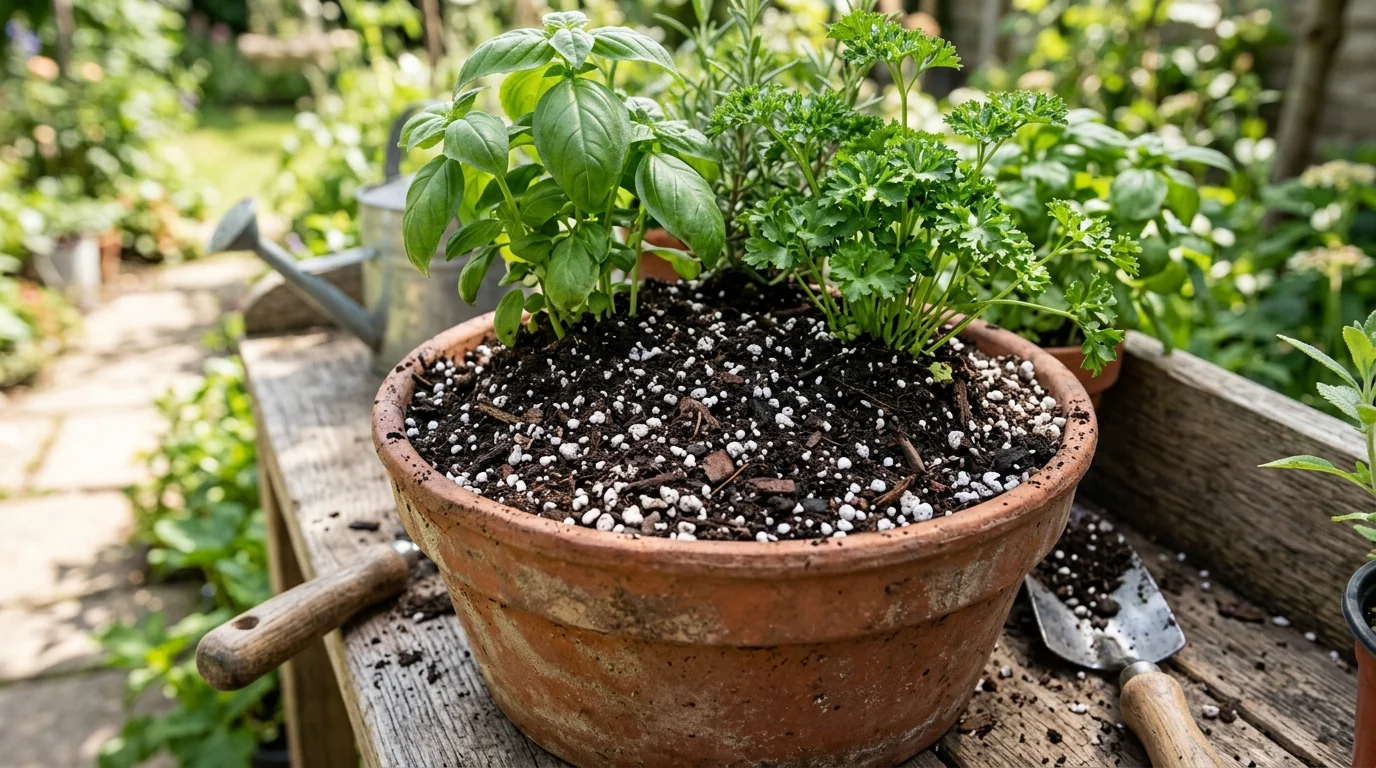 A healthy herb garden showing various herbs planted in rich, dark potting soil