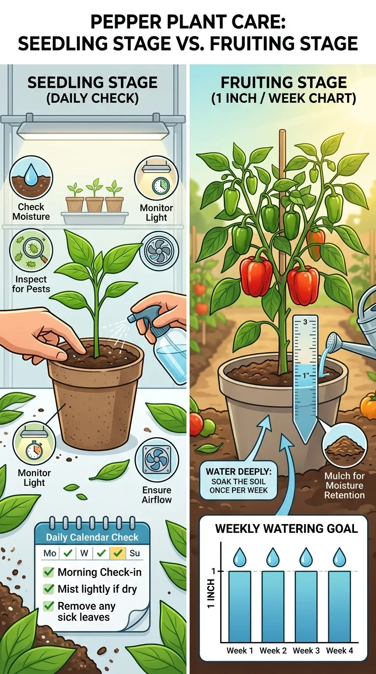 Mulched pepper bed with soaker hose for deep morning watering