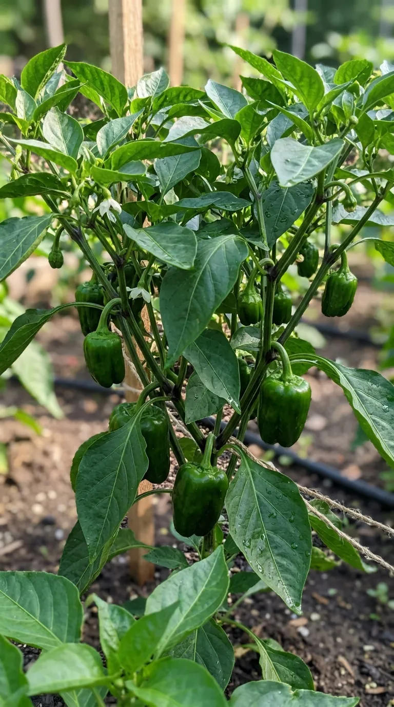 Healthy pepper plant with glossy fruits after consistent watering