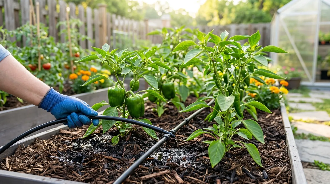 Pepper plants being watered deeply at the base in morning light