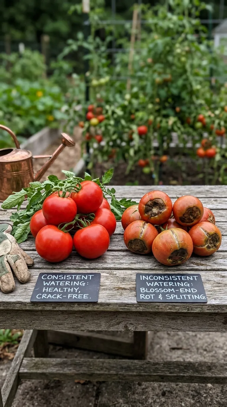 Tomato harvest after consistent watering showing crack-free fruits