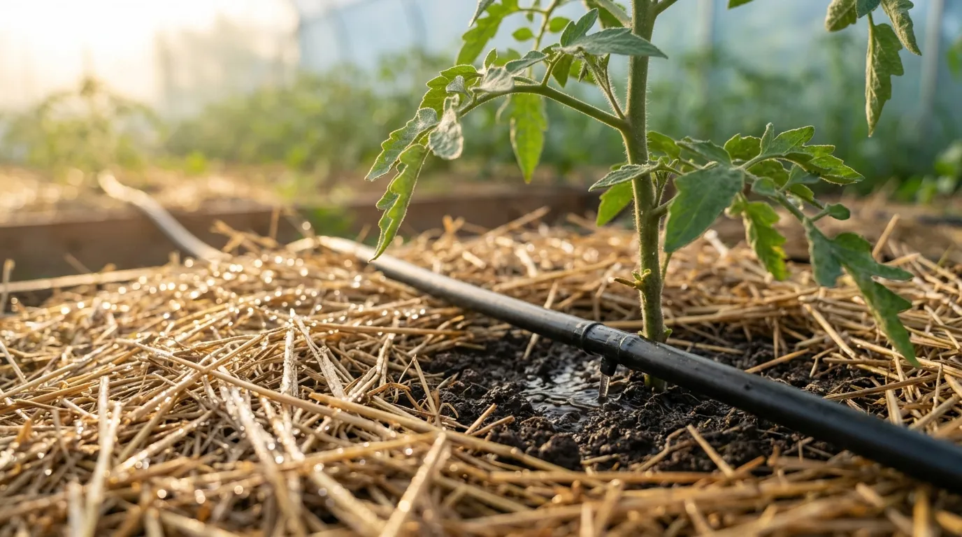 Watering tomato plants deeply at the base with a soaker hose in morning light