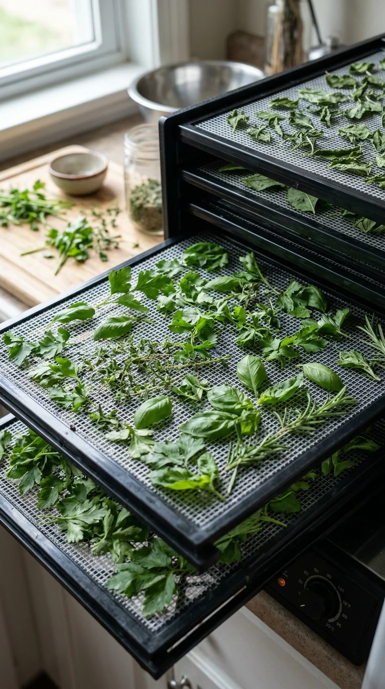 Herbs arranged on dehydrator trays ready for drying