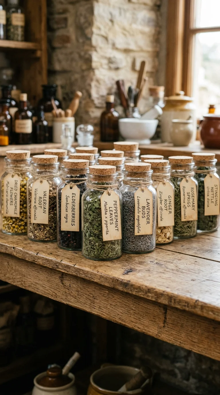 Dried herbs in labeled glass jars arranged on a kitchen shelf