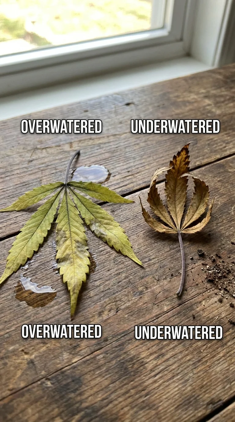 A comparison of an overwatered leaf (soft, yellow) next to an underwatered leaf (crisp, brown)