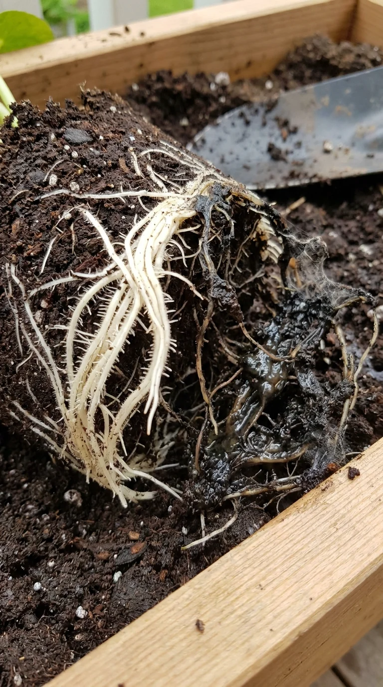 A close-up of healthy white roots next to rotten black mushy roots in potting soil