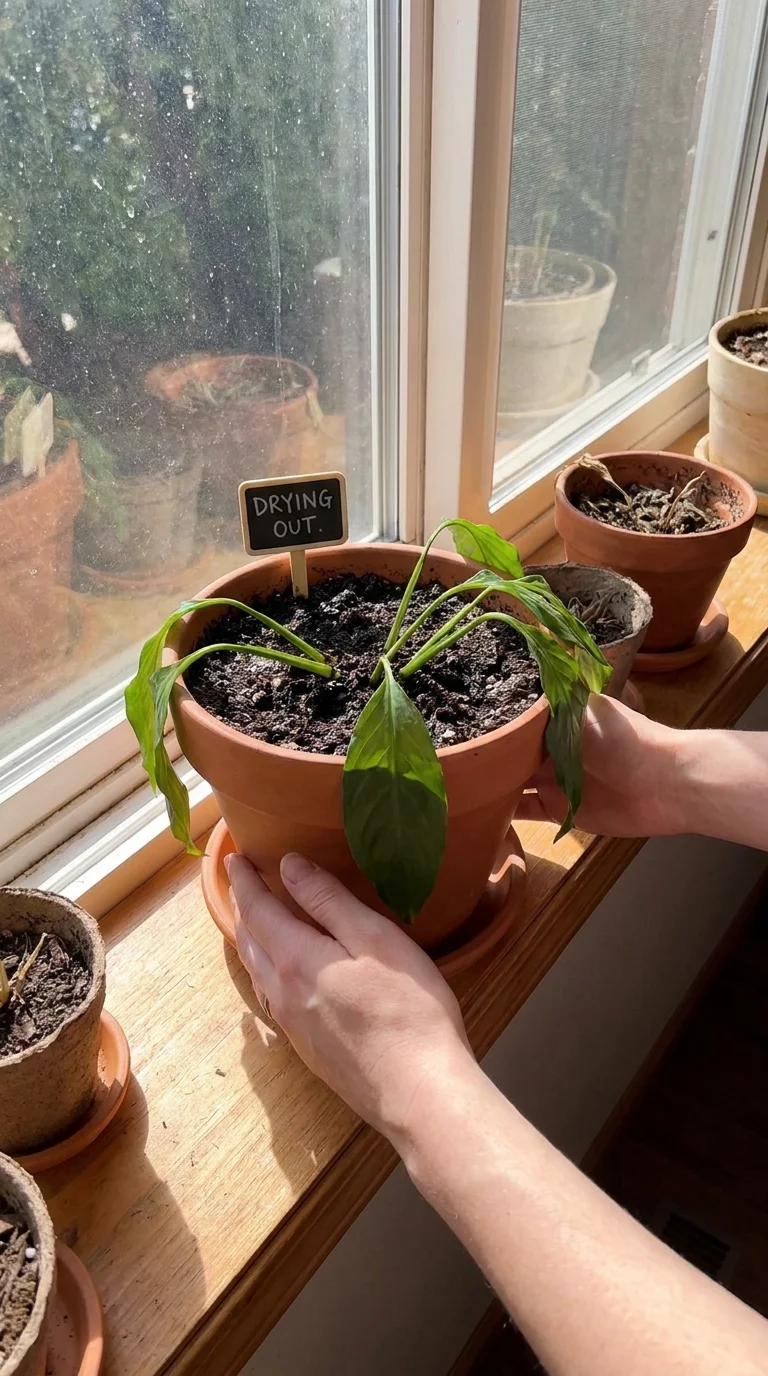 A plant being moved to a bright windowsill to dry out its waterlogged soil