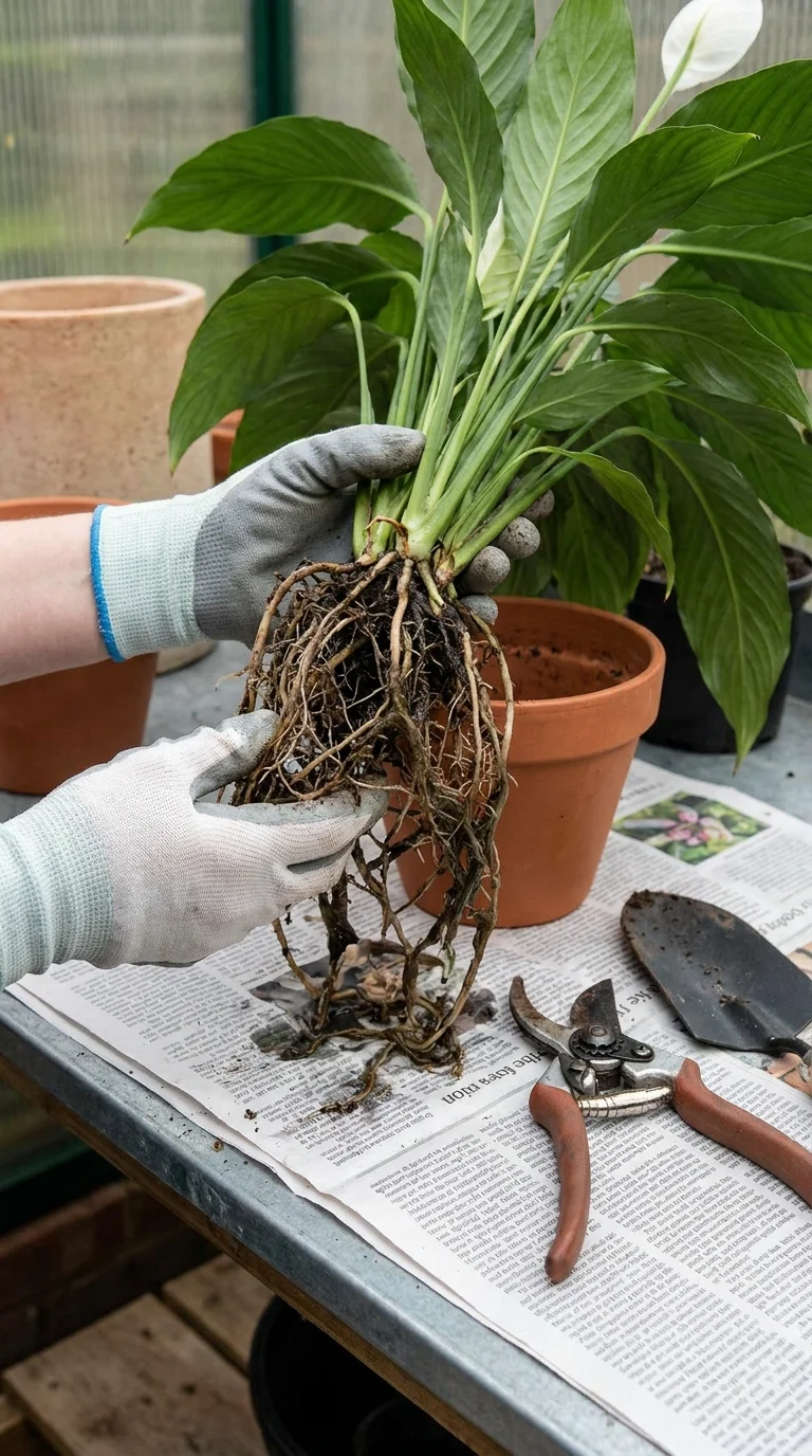 Removing an overwatered plant from its pot to inspect and trim the roots