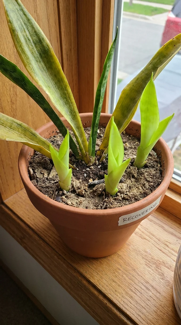 A recovering plant with fresh green new growth after overwatering treatment