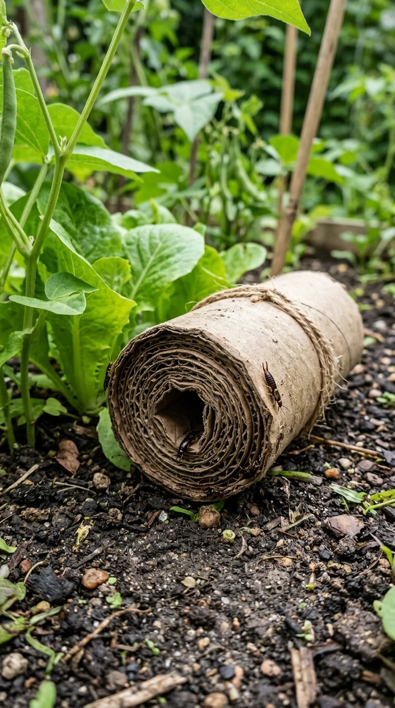 A photo of a rolled cardboard tube trap placed on soil near plants, used to catch earwigs