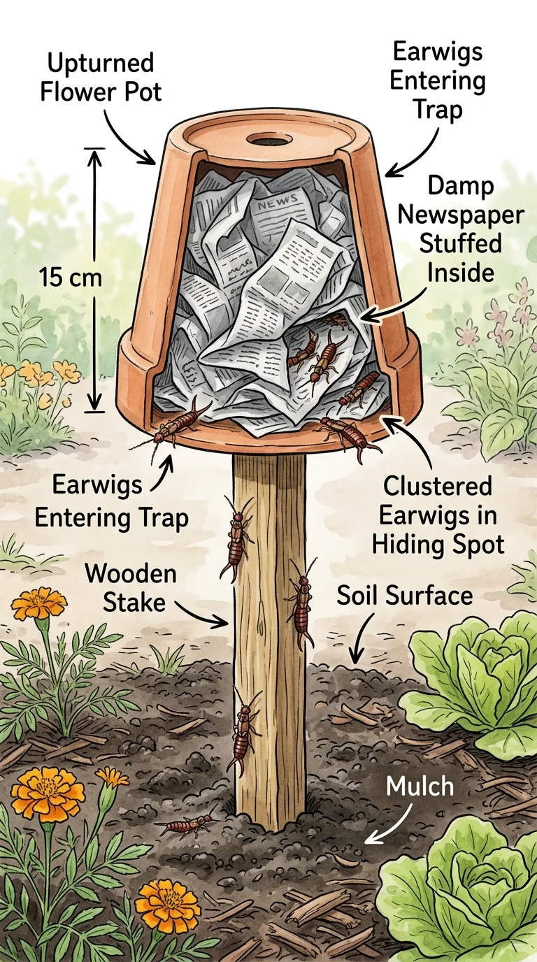 An illustration showing an upturned flower pot stuffed with newspaper on a stake above the soil, an earwig trap