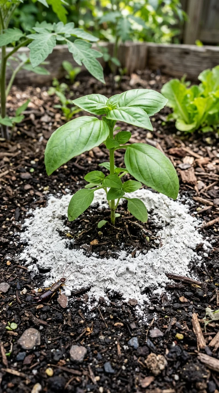 A photo of a band of diatomaceous earth dusted around a young plant in the garden to stop earwigs