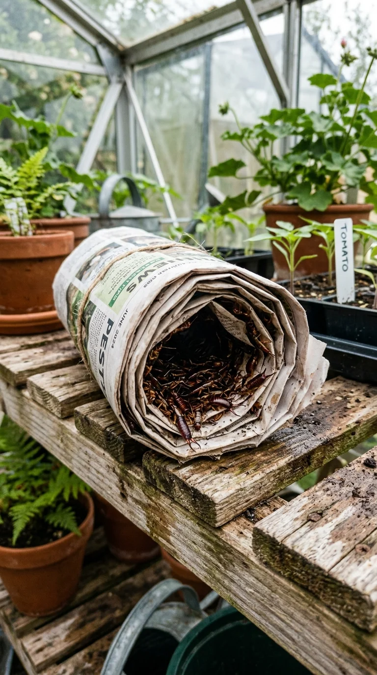 A photo of earwigs sheltering in a rolled-up newspaper trap on greenhouse staging