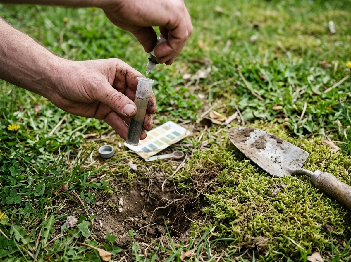 Testing lawn soil pH beside a mossy patch before treatment
