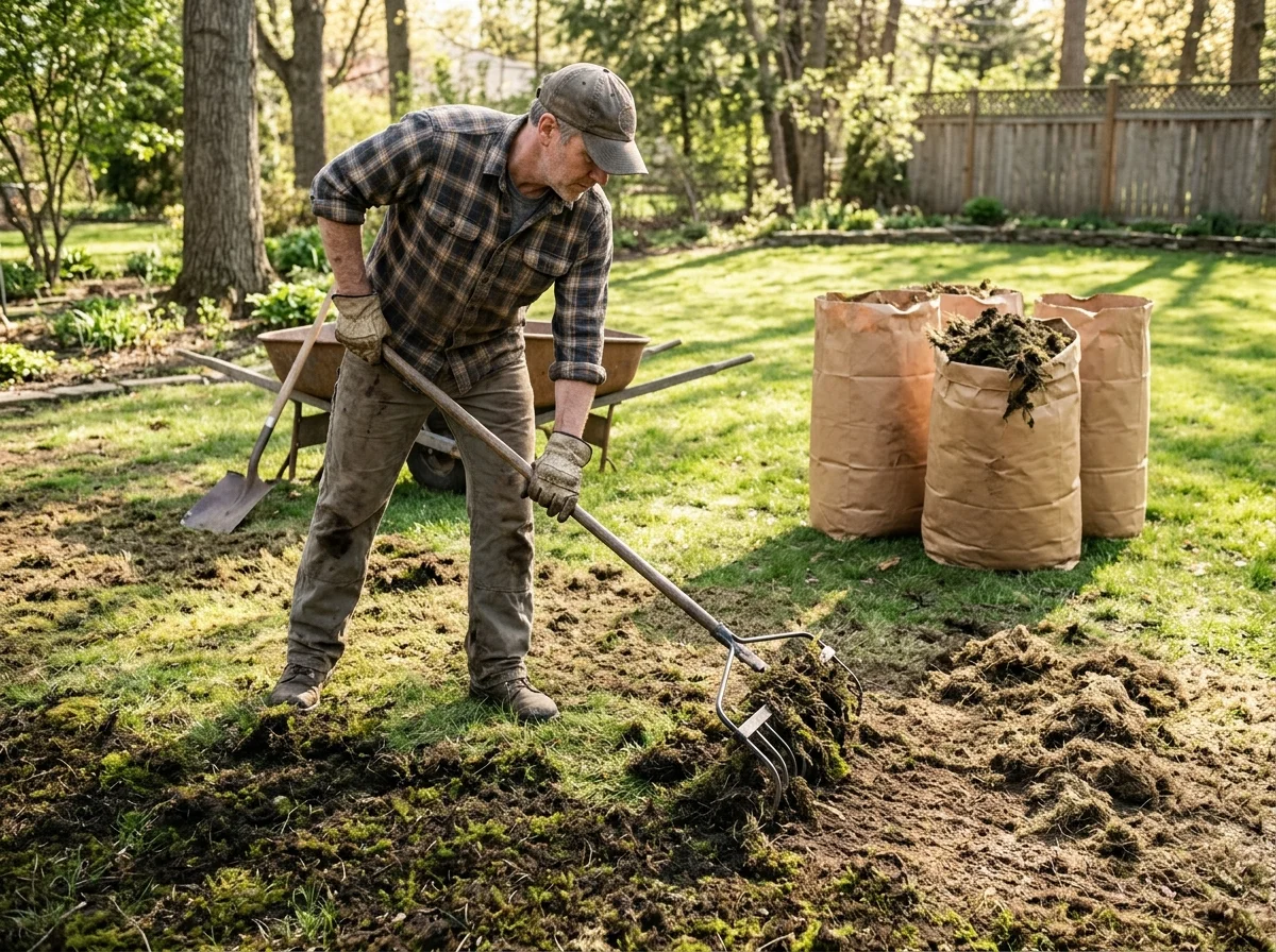 Raking out dead moss to prepare bare soil for reseeding
