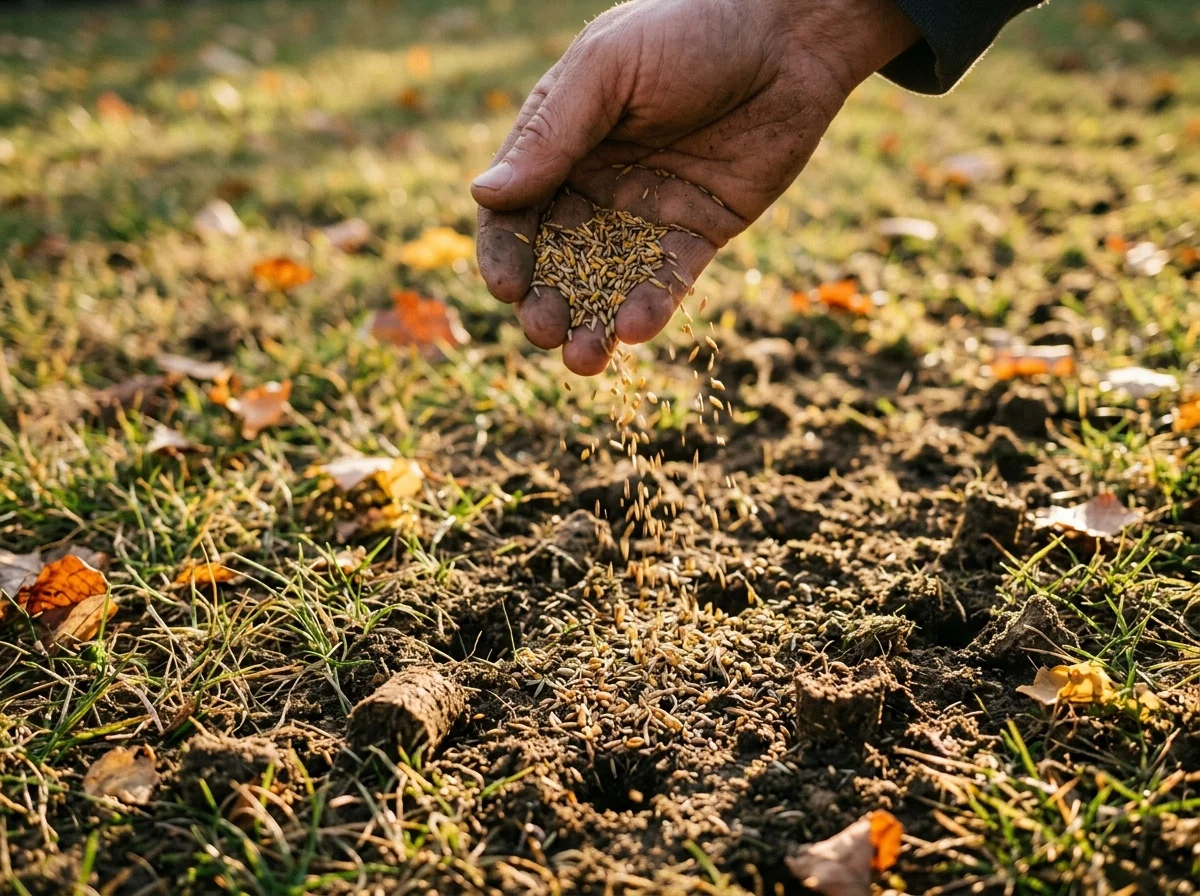 Sowing shade-tolerant grass seed over bare soil after moss removal