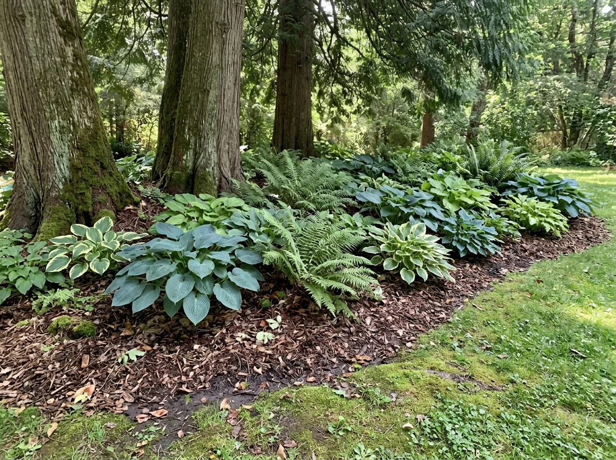 Shade garden with hostas and ferns replacing lawn in deep shade