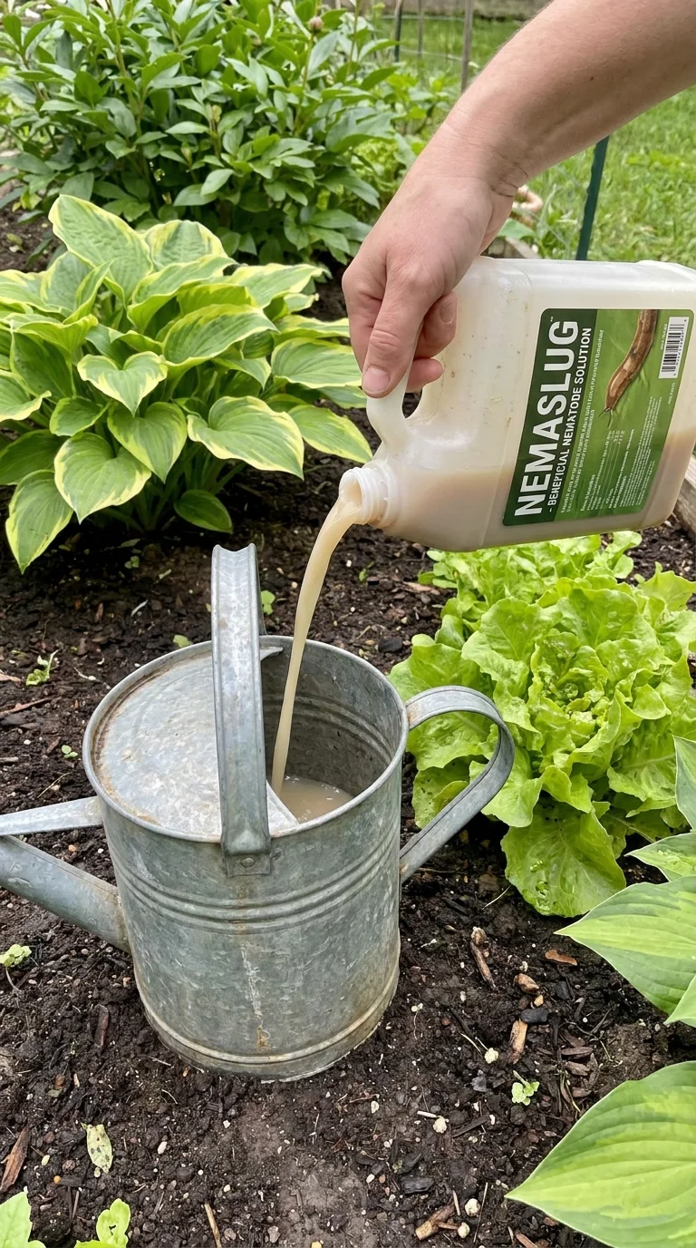 A bottle of slug-killing nematode solution being poured into a watering can