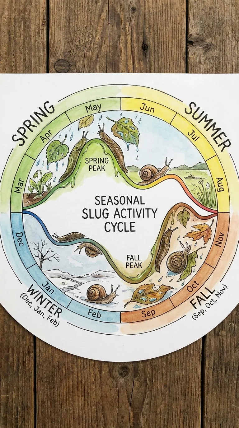 A seasonal calendar chart showing slug activity peaks in spring and fall