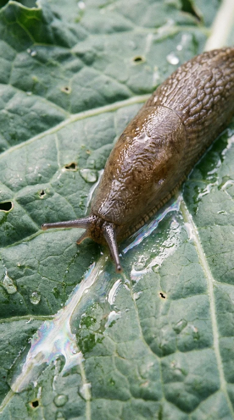 A close-up of a slug leaving a slime trail on a vegetable leaf