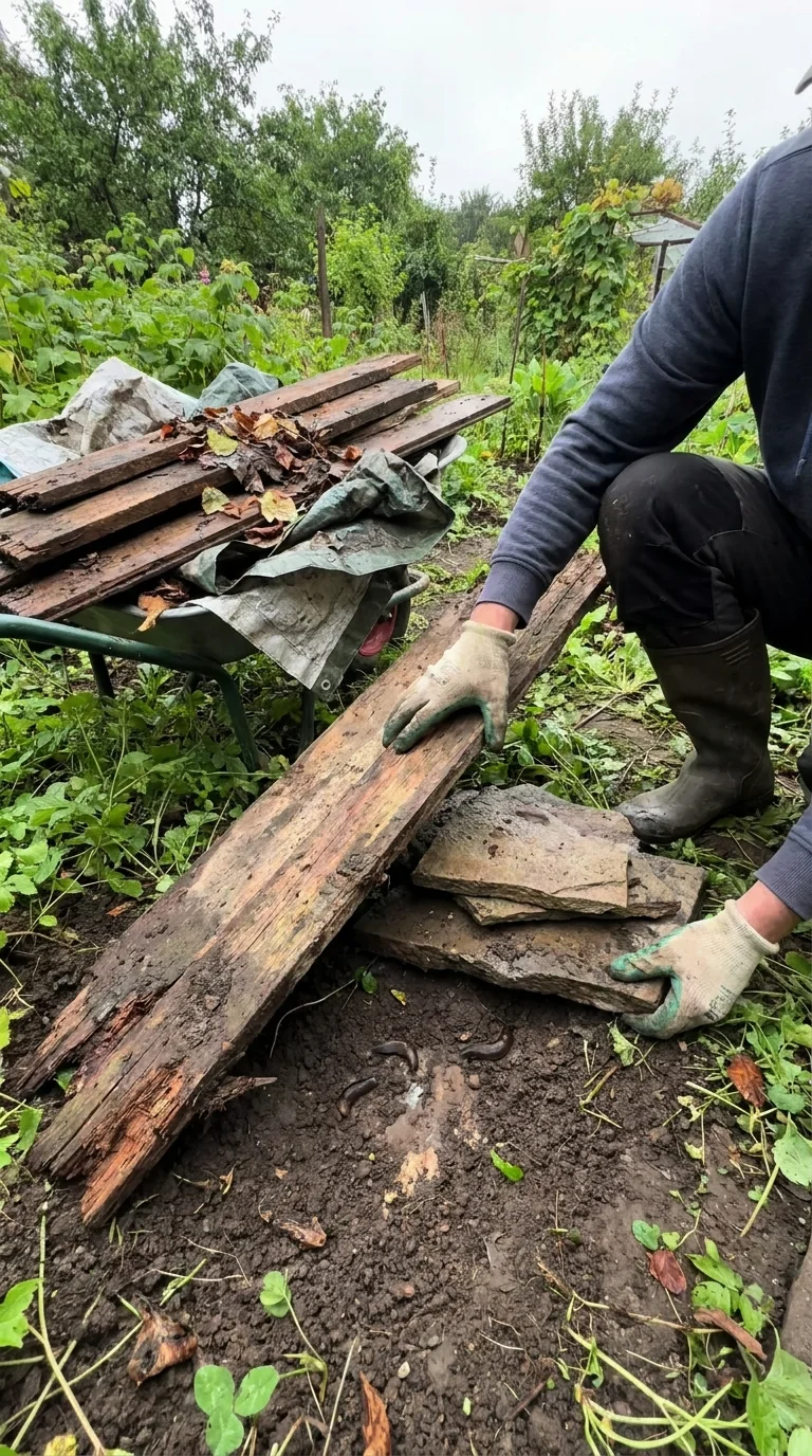 Removing boards and debris that provide daytime shelter for slugs