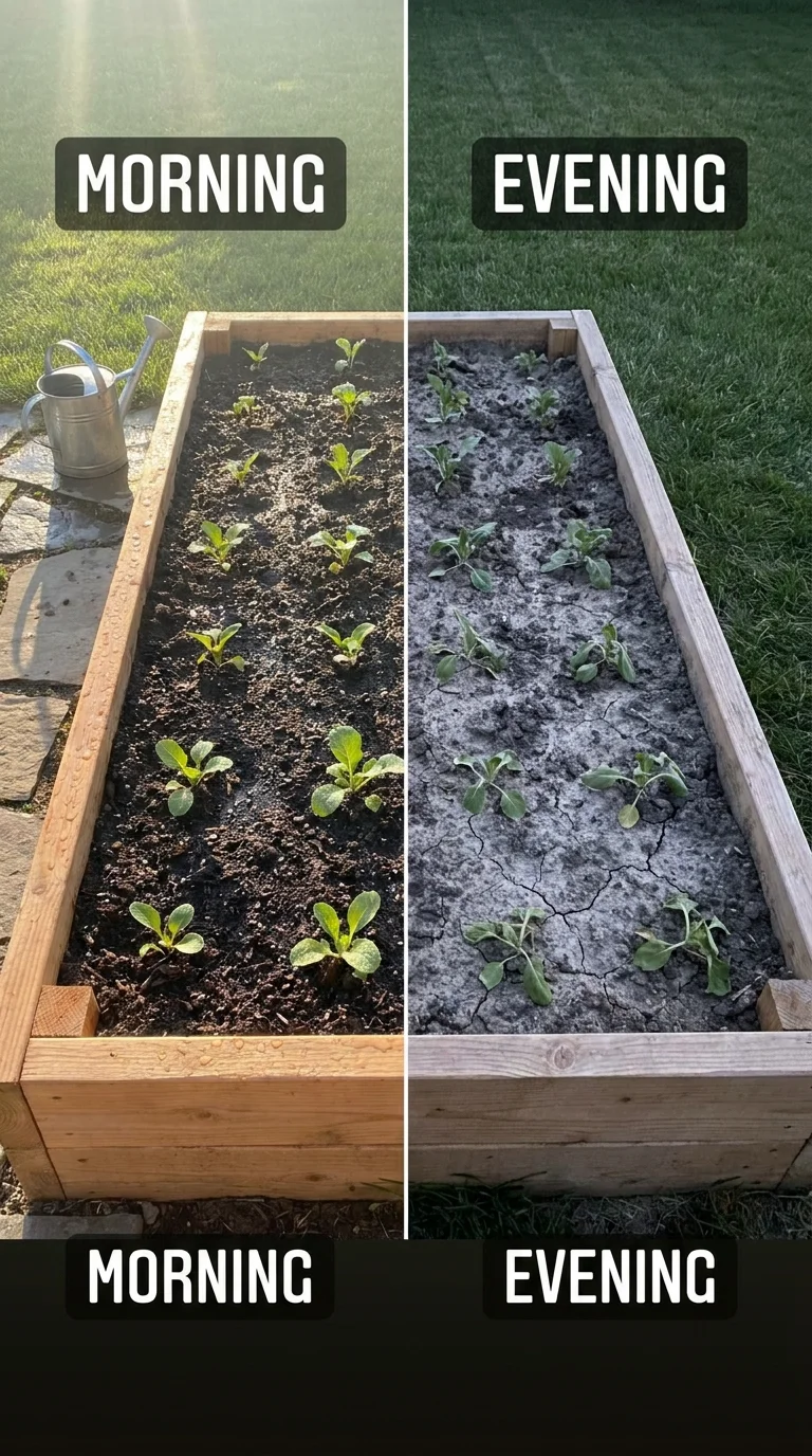 The same garden bed watered in the morning, with dry soil surface by nightfall