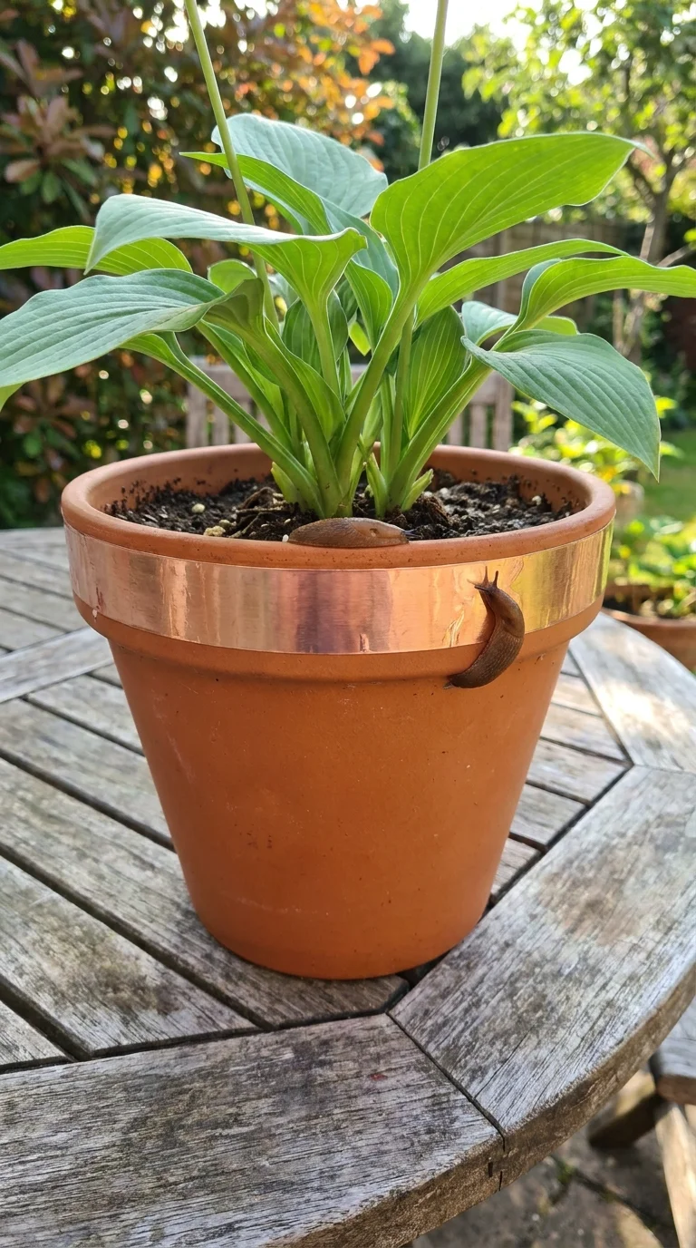 Copper tape ring around a potted plant edge to keep slugs off