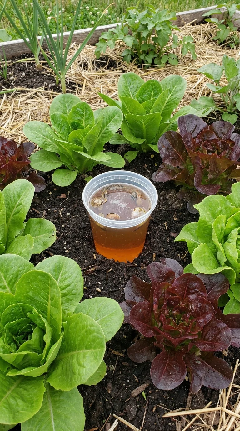 A beer trap sunk flush into the soil of a lettuce bed