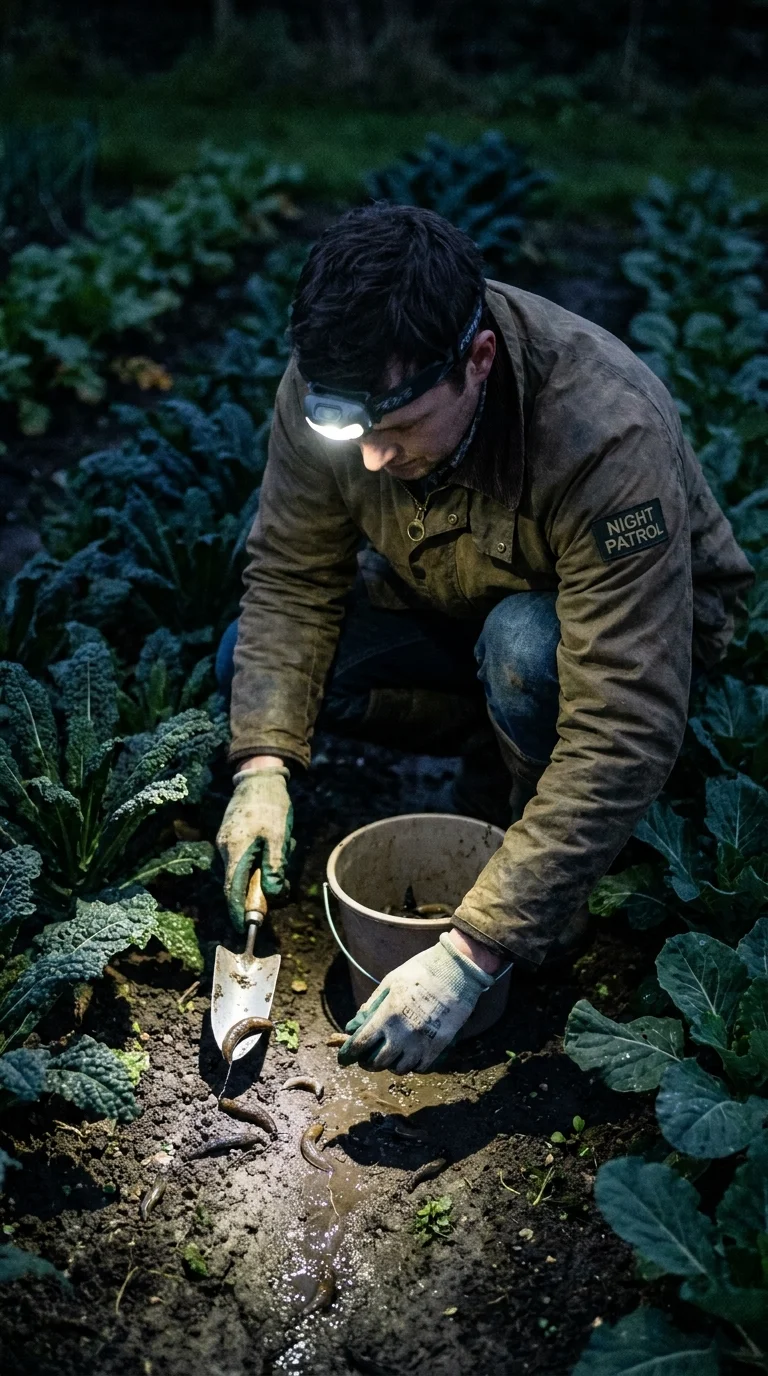A gardener with a headlamp collecting slugs at night during the night patrol