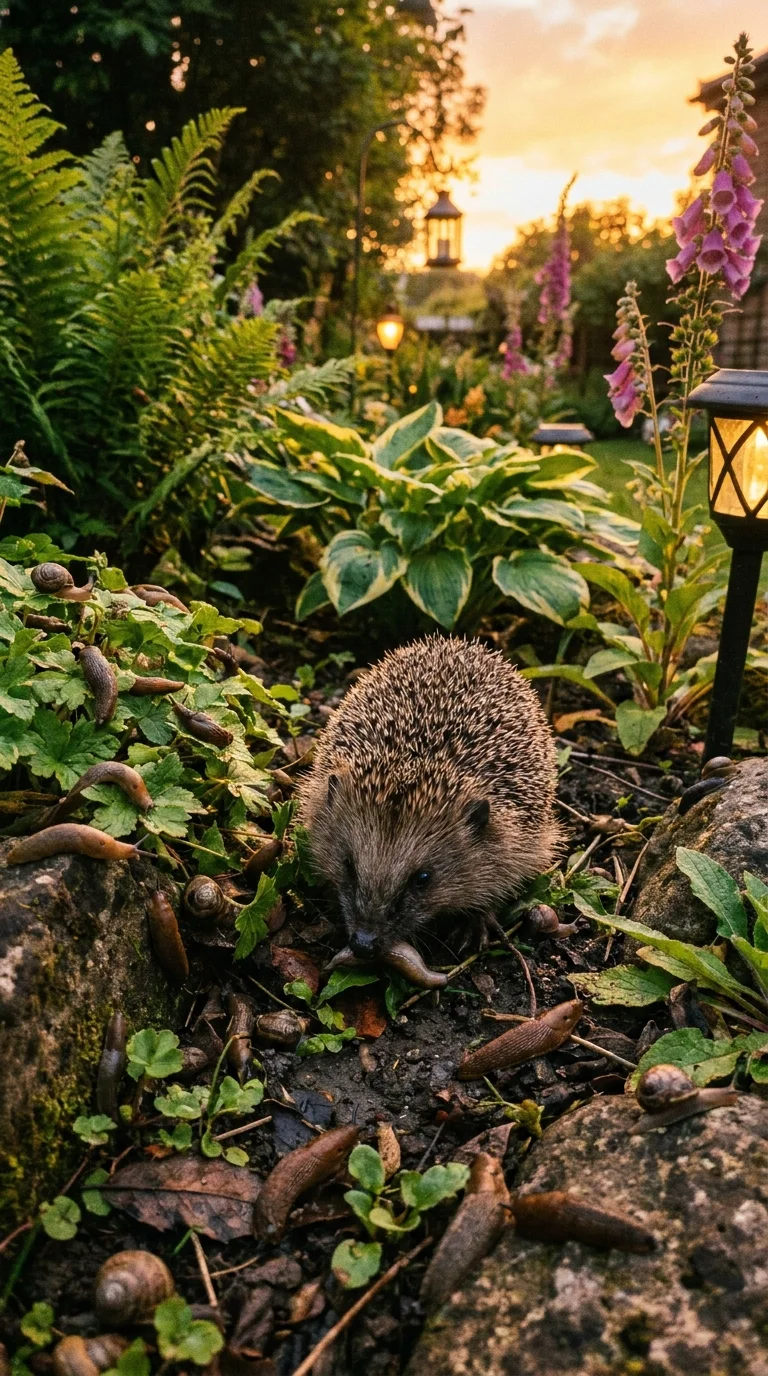 A hedgehog foraging in an evening garden full of slugs and snails
